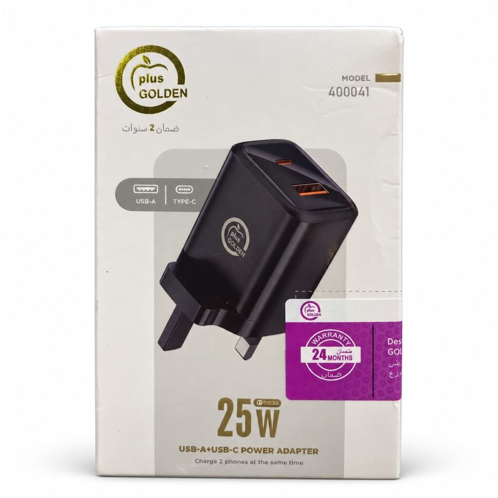 شاحن جداري Golden Plus بمنفذين USB-A وUSB-C بقدرة 25W - موديل 400041 - صورة المنتج