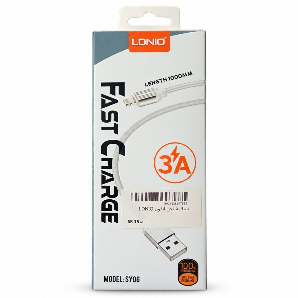 كيبل LDNIO من USB-A إلى Lightning بتيار 3A - طول 1 متر - موديل SY06 - علبة المنتج